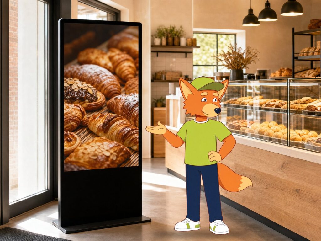 Maskottchen Kash neben einer Display-Stele in der Bäckerei