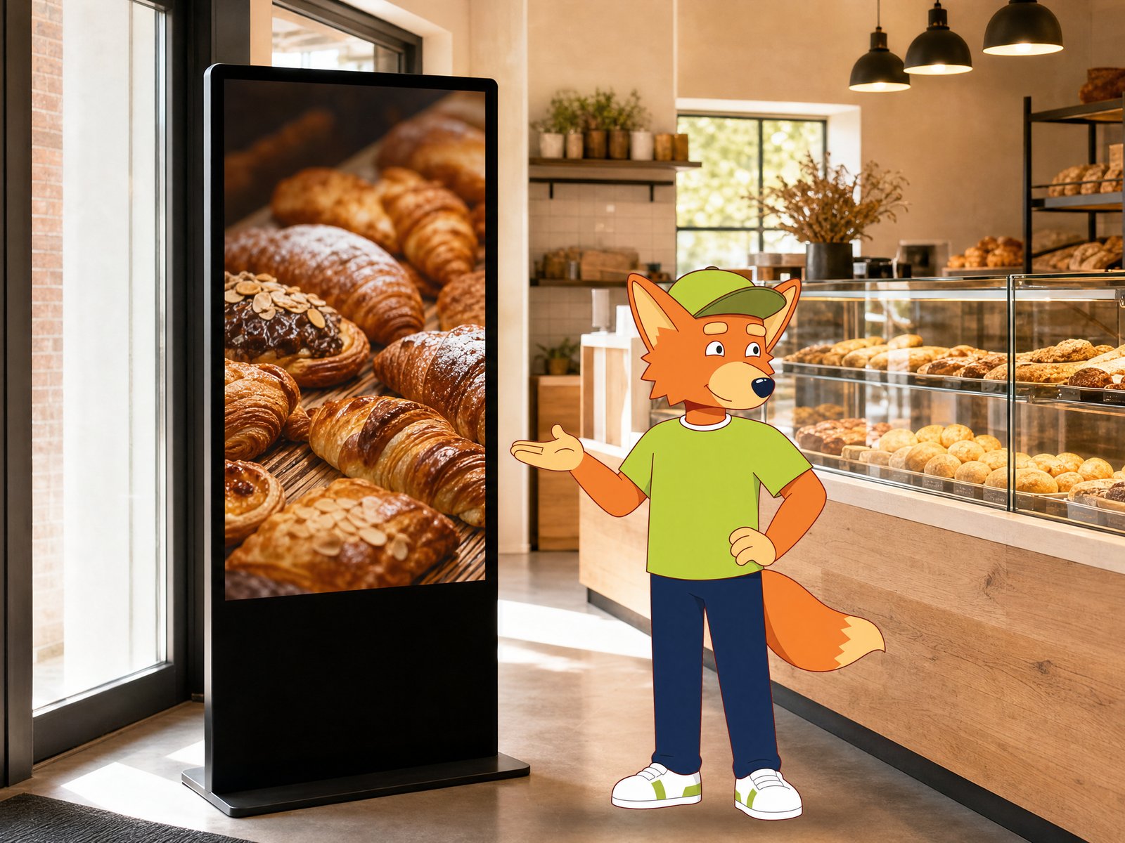 Maskottchen Kash neben einer Display-Stele in der Bäckerei